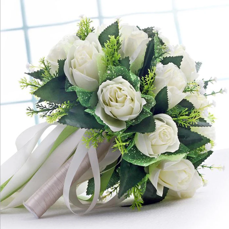 

Handmade New Wedding Bridal Bridesmaid Bouquet Bride Bouquets White Green Artificial Rose Flowers hand Holding Flower Home Decor