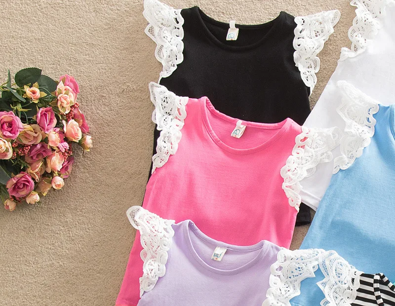 2017 летние кружевные хлопковые футболки для маленьких девочек милые топы с