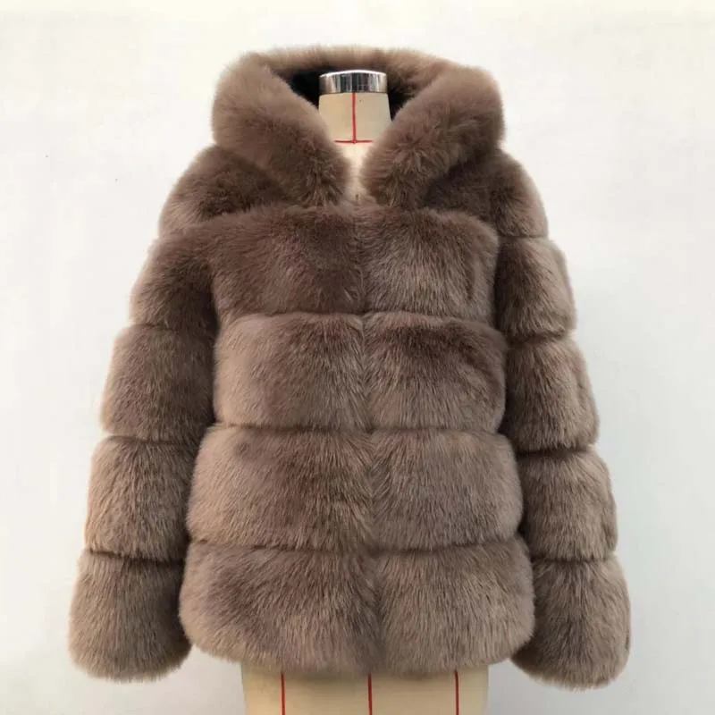 camel fox fur coat Роскошное дизайнерское пальто с капюшоном из искусственного меха, Женская куртка, зимние плотные теплые пальто, верхняя одежда, элегантная пушистая Женская куртка из лисьего меха - Цвет: camel fox fur coat