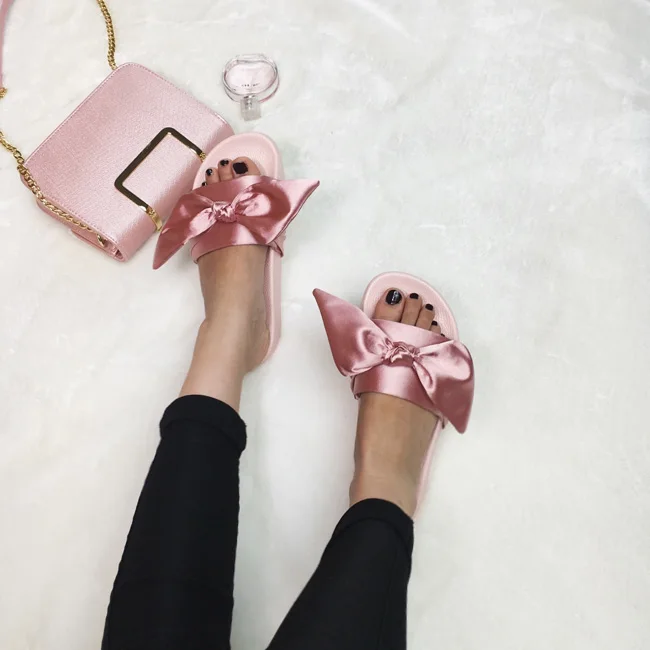 Женские дизайнерские сандалии с шелковым бантом летние розовые шлепанцы на