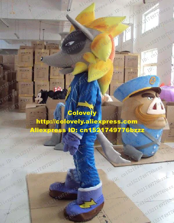 New Grey Wolf Coyote Mascot Costume Mascotte Vixen Fox With Small Eyes Blue Clothes Purple Gloves Shoes Adult No.1398 Free Ship |