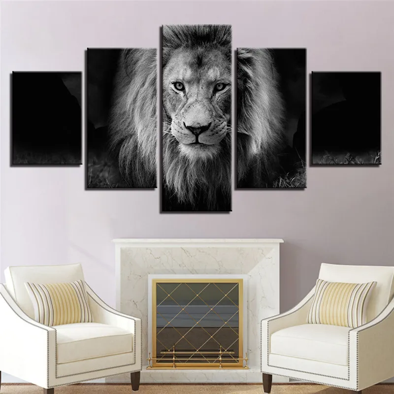 5 шт. Nordic Decoratrion Животные Лев Wall Art Холст Картины маслом Современный черный белый