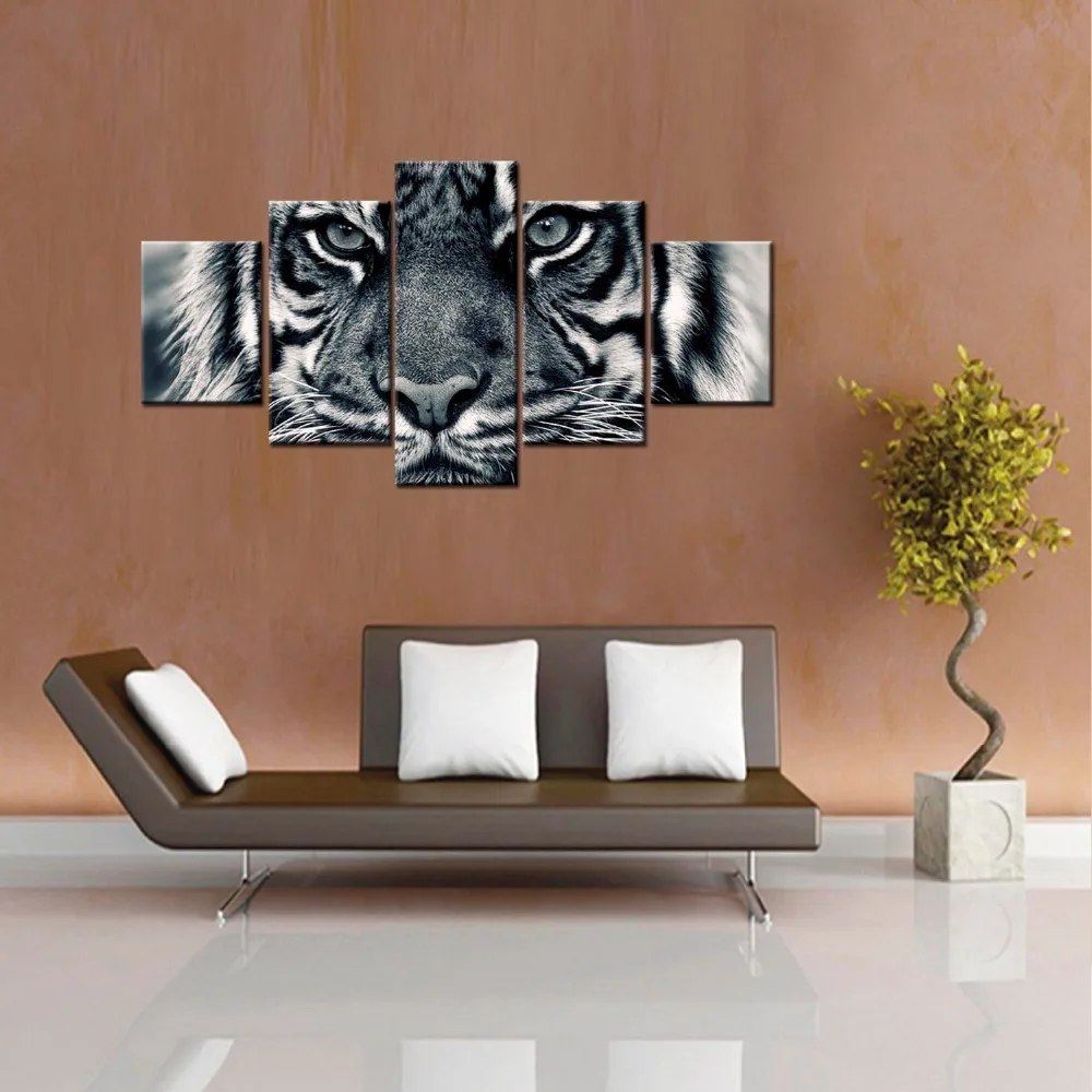 5 панелей Современные отличительные черно белые животные тигр Лев лицо HD