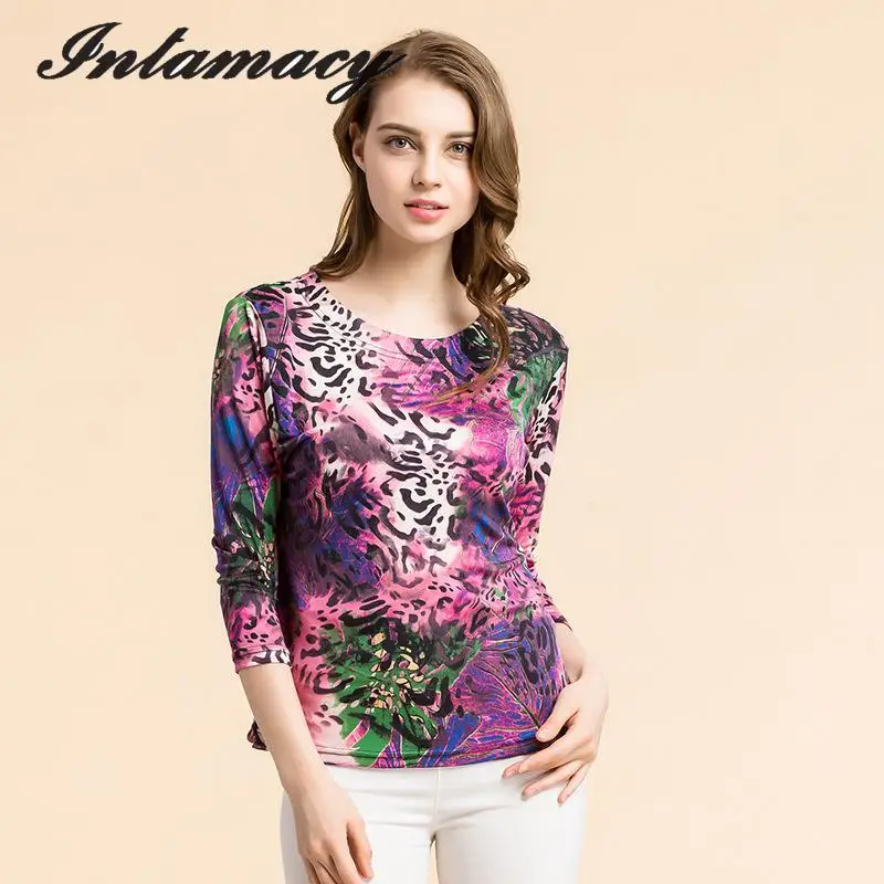 The New Type Of Printed Silk shirt Ladies T-shirt, Seven Female Sleeves, 100% REAL Silk Long sleeve pullover