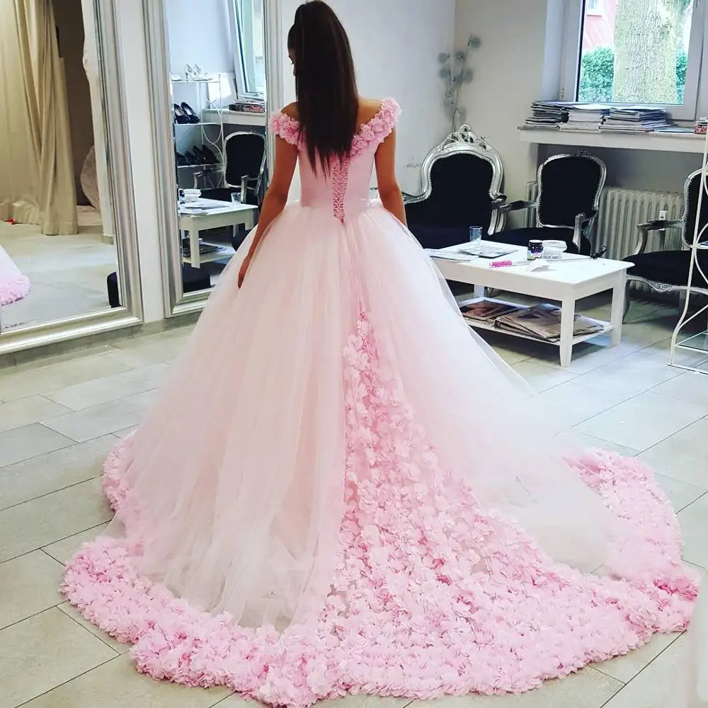Vestido De Noiva розовый бальный наряд 3D свадебное платье с цветами Сексуальная спинки с открытыми плечами свадебное платье свадьба платья - Цвет: Розовый