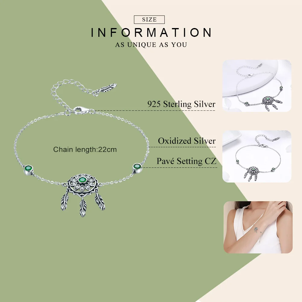 WOSTU New Design 925 Sterling Silver Green Dreamcatcher Chain &amp Link Bracelets For Women Original Authentic Jewelry Gift FIB078 |