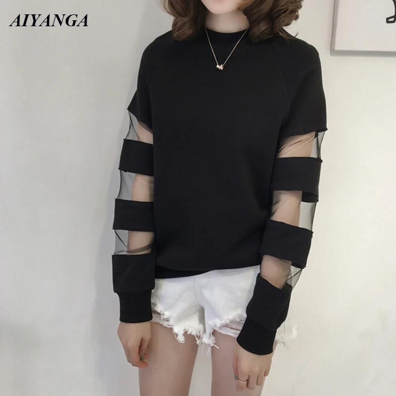 

M-4XL Fashion Hoodies Women 2022 Spring Hoodies and Pullovers Patchwork Mesh Long Sleeve Sweatshirts Casual Tops Lady