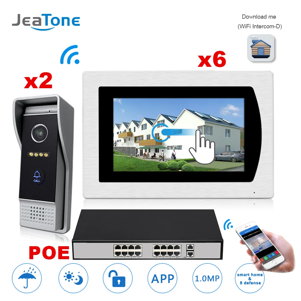7'' WIFI IP Video Door Phone Intercom Bell Speaker Access Control System Touch Screen Motion Detection 2 to 6 w/ POE Switch |