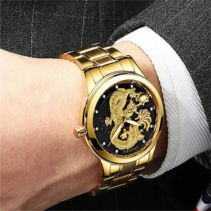 

Luxury Gold Watch Men's Watches Men Quartz Clock 3D Dragon Noble Design Stainless Steel Top Brand Waterproof Business Man Montre