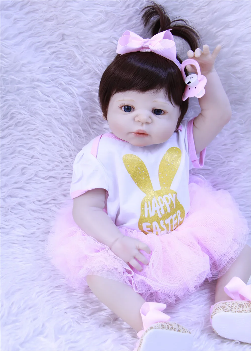 

Reborn full silicone baby dolls 22inch brown hair wig blue/brown eyes princess dress fashion bebe BJD reborn bonecas