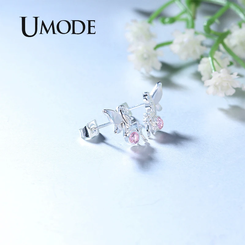 UMODE серебряная шпилька Ангел Серьги для Для женщин милый маленький эльф женские серьги Модные украшения корейский розовый Подвеска со стразами UE0567