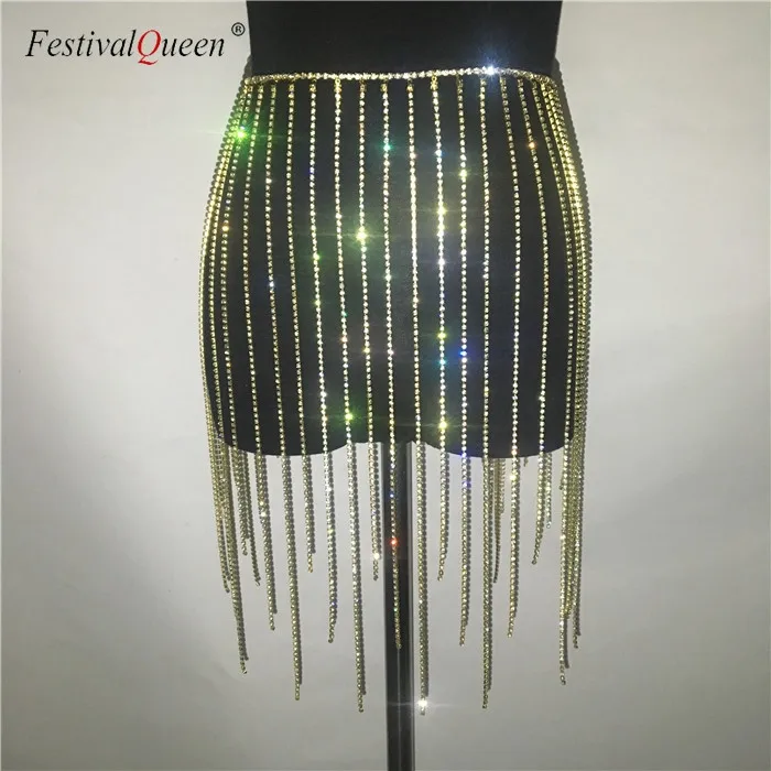 FestivalQueen, сексуальные роскошные стразы, металлическая цепочка, юбка и глубокий v-образный вырез, топ, золото, серебро, открытая спина, для ночного клуба, 2 предмета, женские комплекты - Цвет: gold Bottom