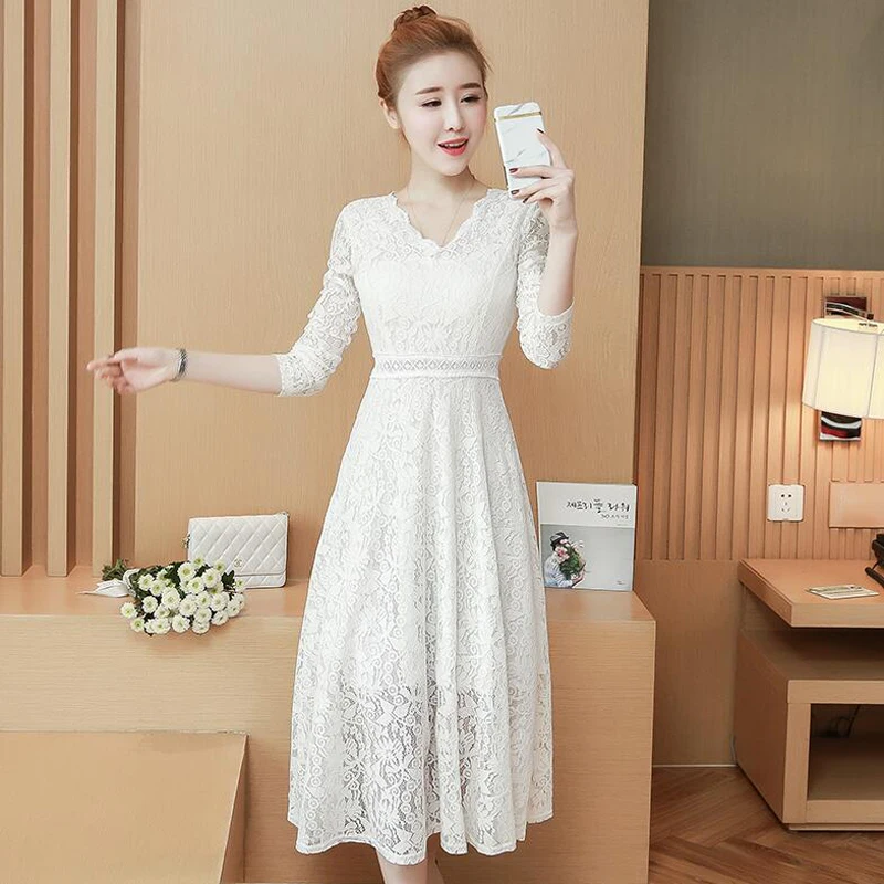 

Summer Elegant Lace Long Dress Slim Was Thin Princess White Dresses Sexy V Neck Long sleeve Women dress Fashion Beach Dress