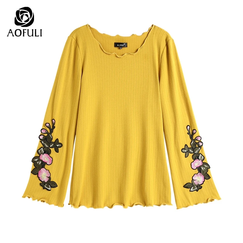 Размер M/L/XL топы с длинными рукавами и цветочной вышивкой волнистый вязаный