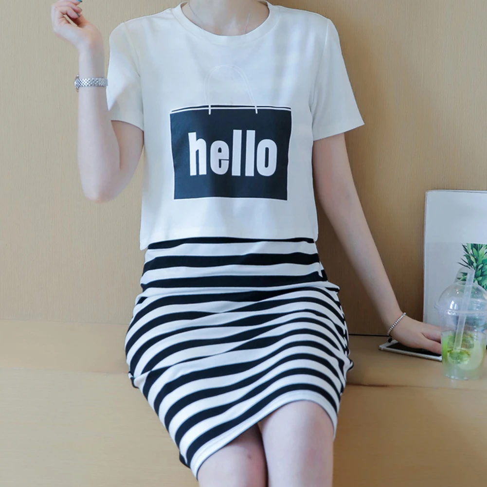 Женский комплект 2 шт. Полосатое платье майка с принтом костюмы футболкой Модный
