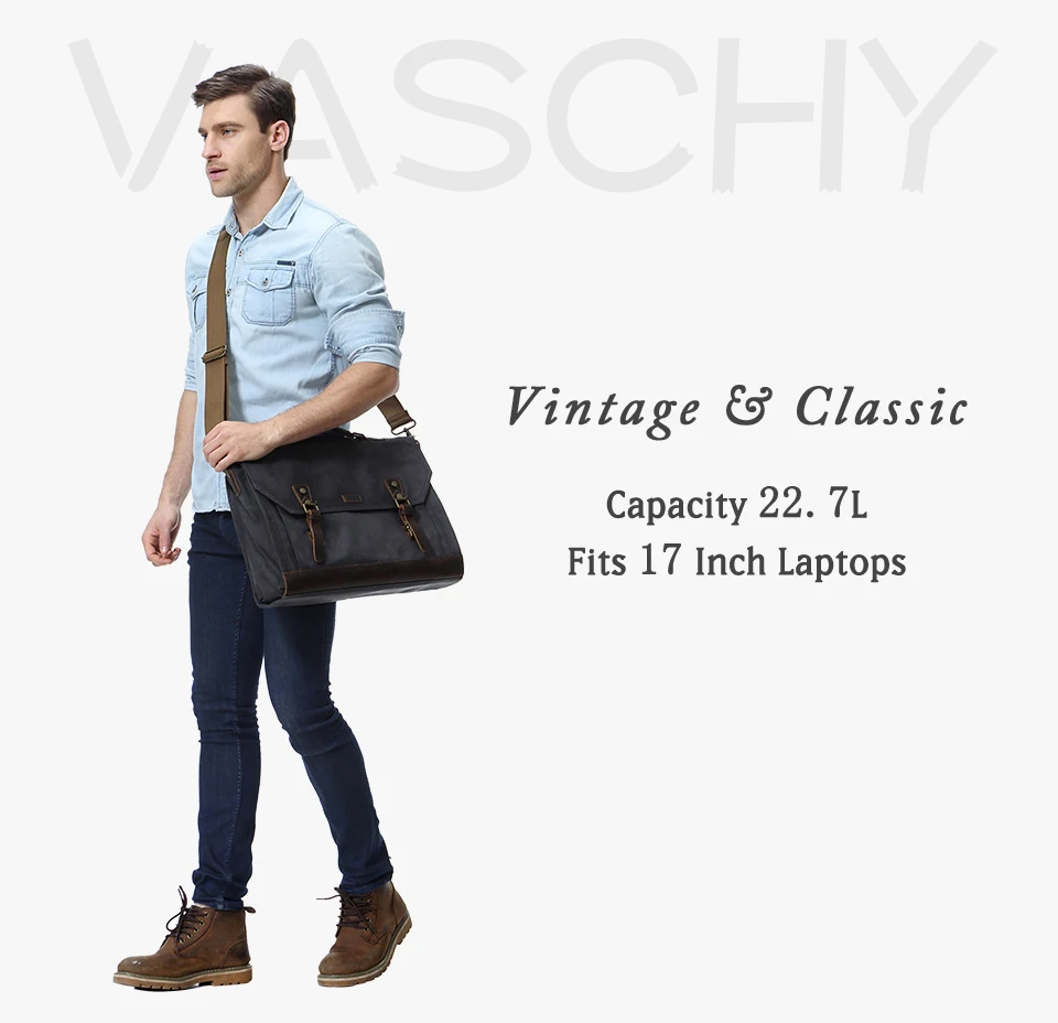 VASCHY портфель для мужчин, винтажная холщовая сумка-мессенджер, сумка для ноутбука, сумка на плечо, сумка для книг со съемным ремнем, портфель для мужчин