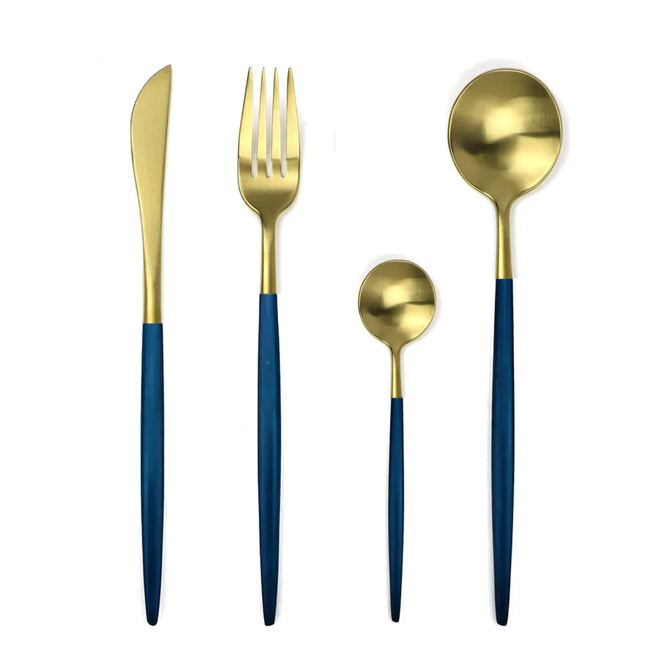 

JANKNG 24pcs Blue Gold Dinnerware Set 18/10 Stainless Steel Cutlery Set Kitchen Utensils Knife Fork Spoon Food Tableware