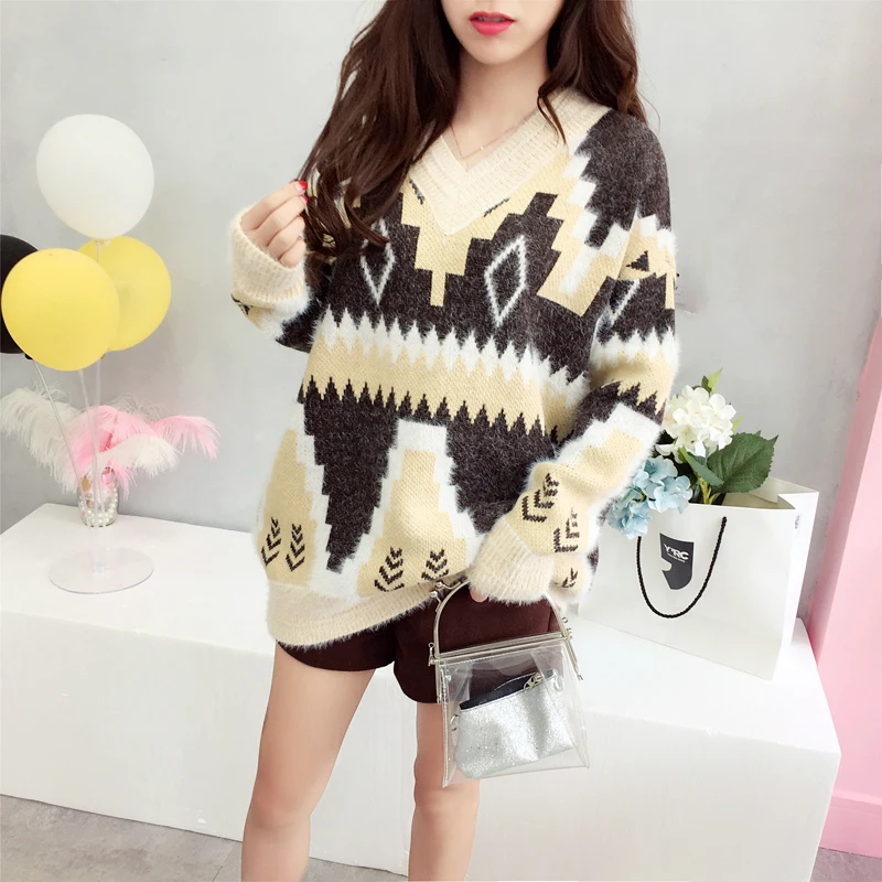 Autumn Winter Knit Pullovers Sweaters New Hot Sales Women Preppy Style Girls Blue Brown Knitted Printed V Neck Sweater Tops 1078 | Женская