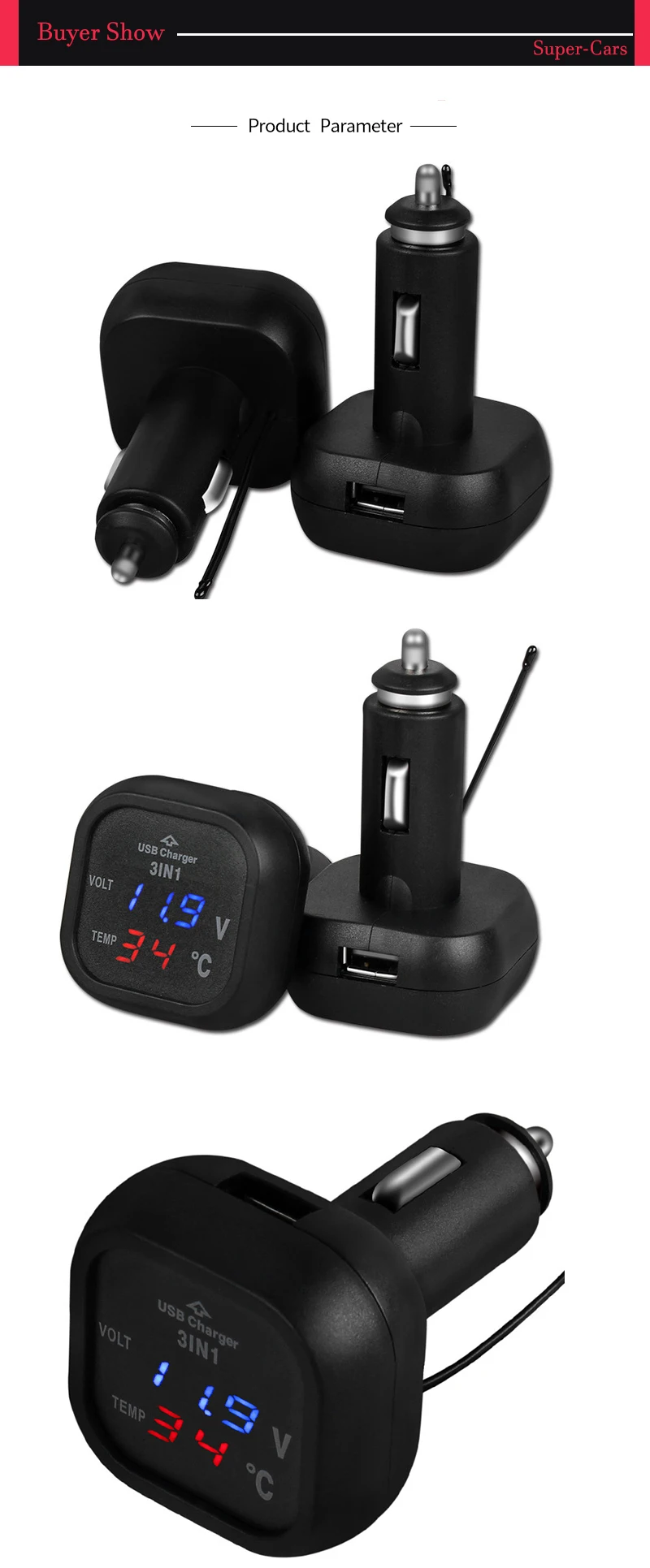 Автомобильное зарядное устройство USB 3в1 розетка для прикуривателя цифровой термометр Зарядка для телефона светодиодный дисплей адаптер для автомобиля электронные аксессуары