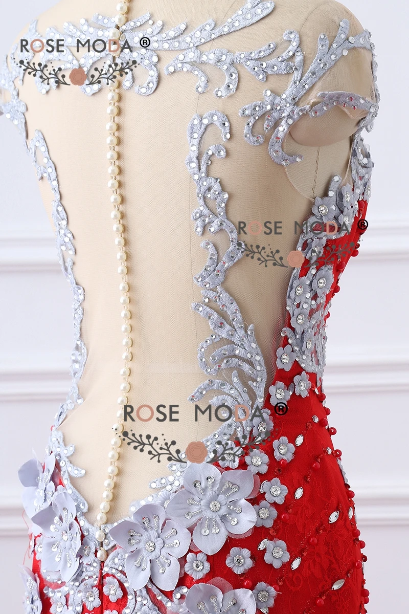 Rose Moda, роскошное Красное Кружевное платье русалки для выпускного вечера, украшенное бисером, с открытой спиной, ручная работа, 3D цветы, жемчужные пуговицы, официальное вечернее платье