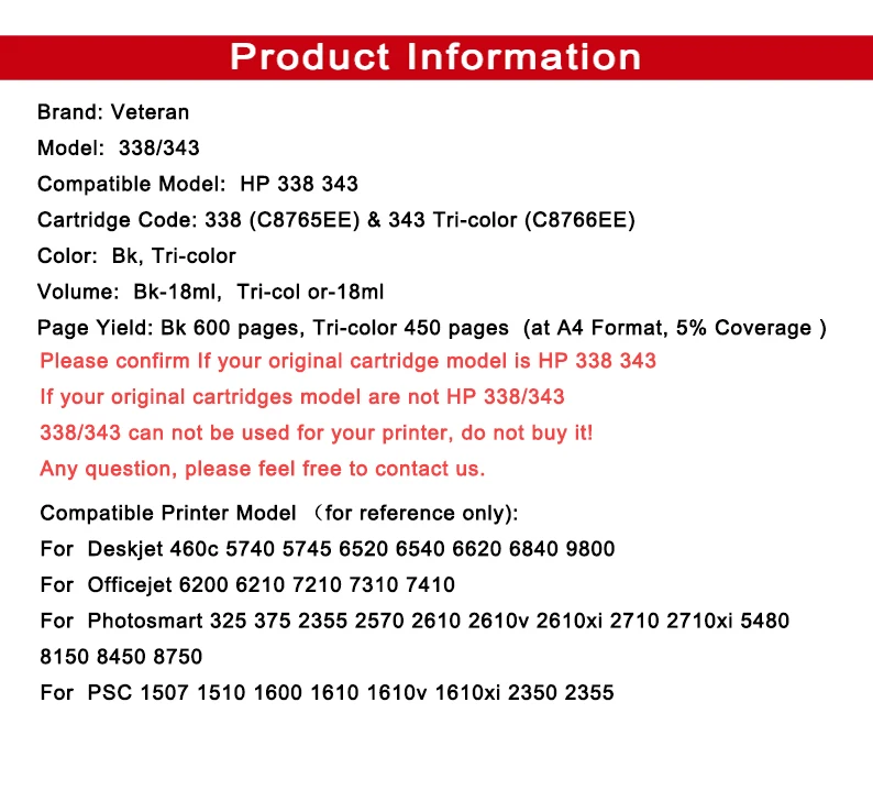 Ветеран замена картриджа для hp 338 343 hp338 hp343 чернильный картридж для hp Deskjet 460C 5740 6520 6540 6840 Photosmart 8150