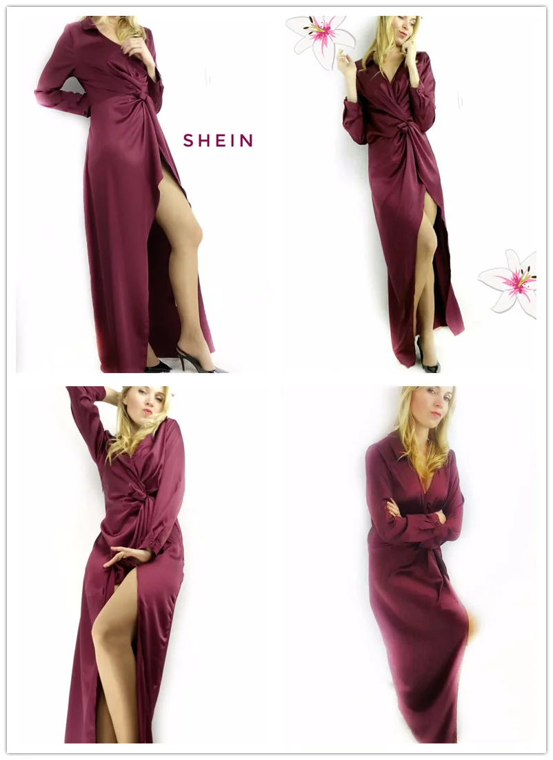 SHEIN Модное Атласное Платье На Запах С Глубоким Вырезом, Сексуальное Платье С Разрезом И Оригинальной Отделкой