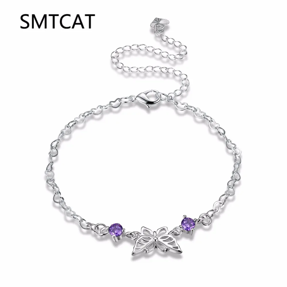 SMTCAT Стерлинговое серебро бабочка Фиолетовый Циркон Шарм ножной браслет для женщин лодыжки браслет на ногу серебряные ювелирные изделия