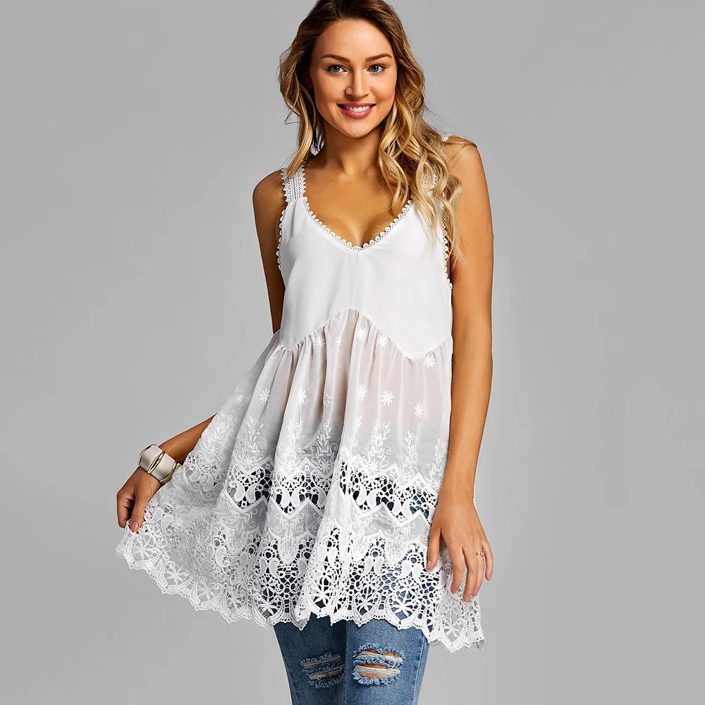 Женская длинная туника VESTLINDA Белая Кружевная на бретельках повседневный