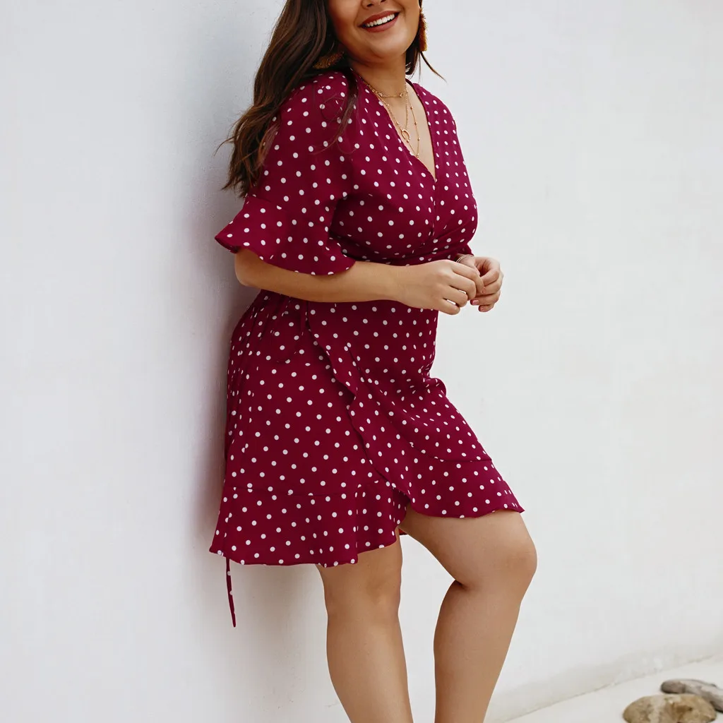 Женское платье весна лето 2019 модное мини в горошек с коротким рукавом и v образным