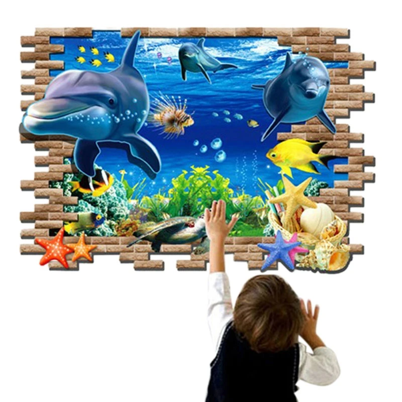 3D Blue Sea World Dolphin Removable Wall Sticker Wallpaper Home Decor | Дом и сад