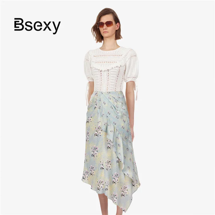 Faux Silk Skirt Women 2019 Self Portrait Flower Print Ruffle Irregular High Waist Kawaii Chiffon Long Midi spodnica | Женская одежда