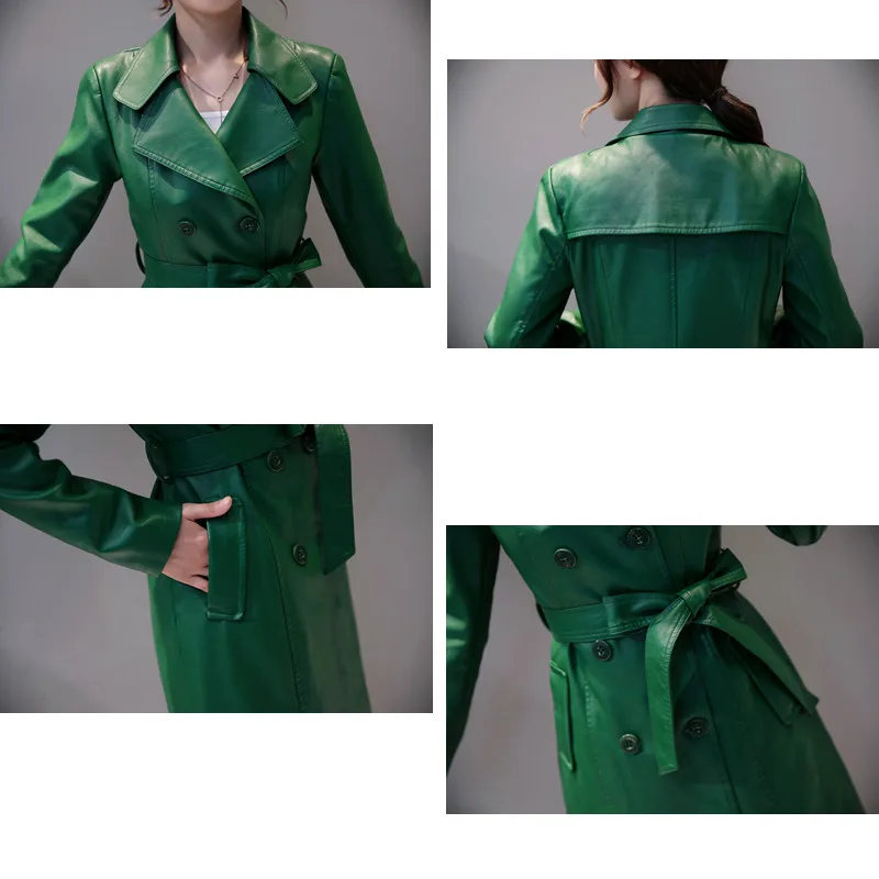 

M-4XL Leather Jacket Women Faux Leather Jackets Office Lady Turn-down Collar Solid Belt Long Coat Outerwear Female High Quality