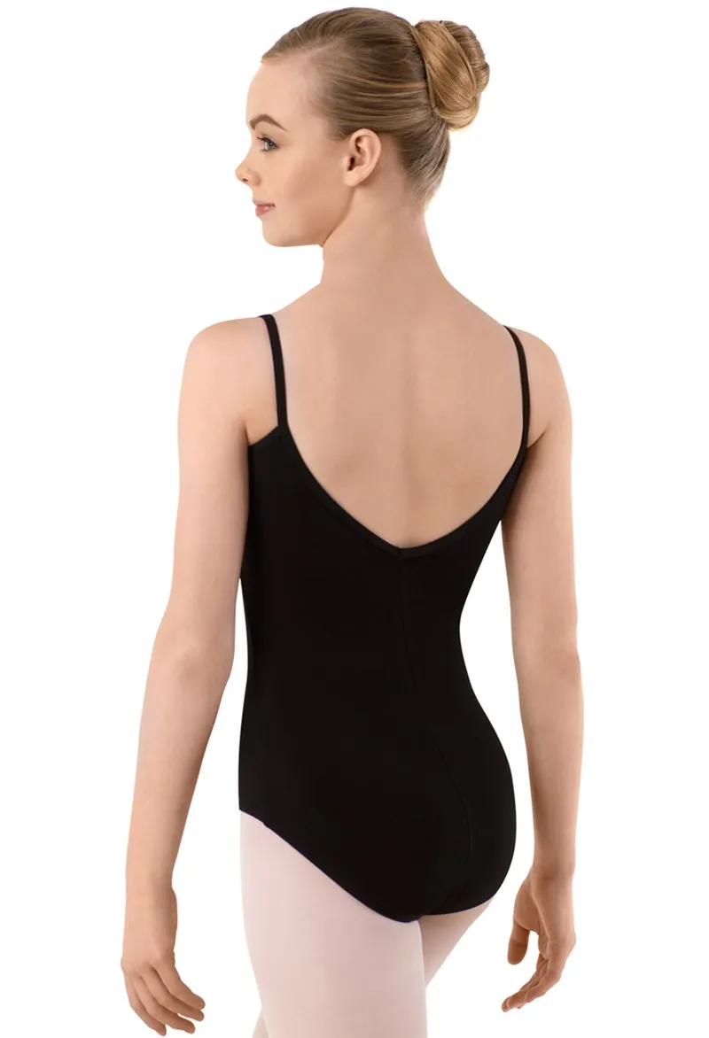 Classic adult camisole-style leotard a pinch-front neckline and modest back scoop lycrar spandex leotards