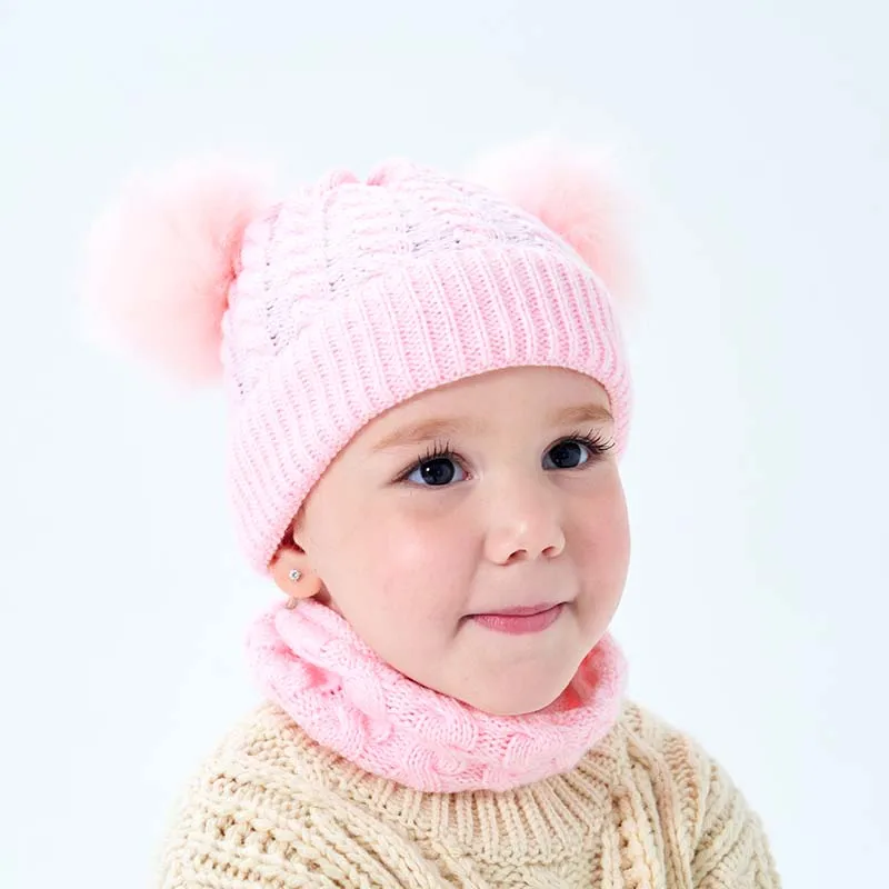 REAKIDS 2 Piece Set / Winter Hat Fur Ball Cap+Scarf Newborn Warm Knitted Soft Boys And Girls Universal 0-2 Years Old | Детская одежда и