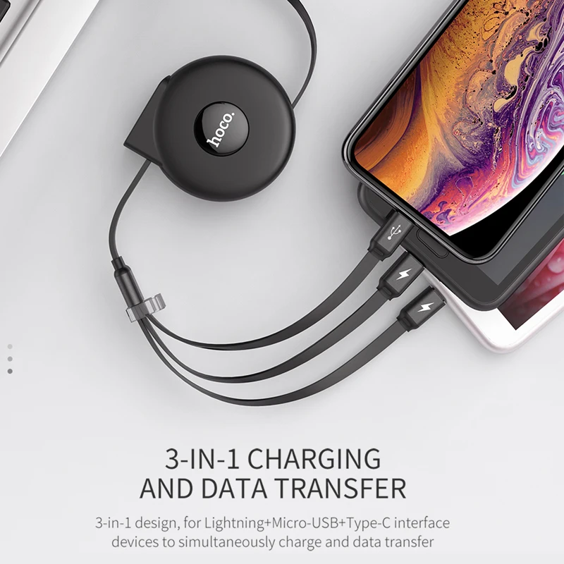 HOCO 3 в 1 usb зарядный кабель гибкий Регулируемый USB Быстрый Micro + Тип C для iPhone samsung
