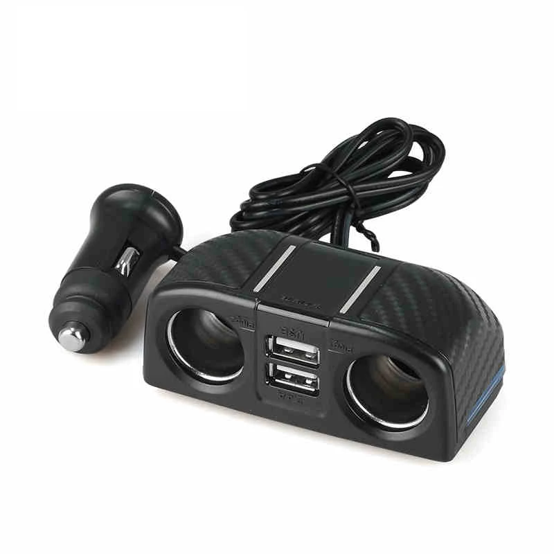 

2 Sockets Cigarette Lighter Socket 1m Length Wire with Blue LED Indicator Car Socket Car Charger Carbon Fiber Black Style 2USB