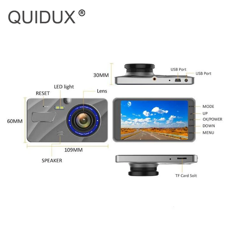 QUIDUX Автомобильный видеорегистратор 4 &quotips супер ночного видения ADAS 1296 P видео