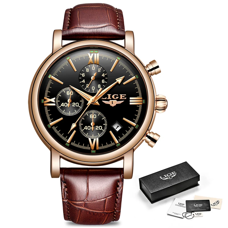 

LIGE New Mens Watches Top Brand Waterproof Sports Watch Automatic Date Mens Casual Brown Leather Quartz Clock Relogio Masculino