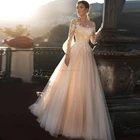 ТРАПЕЦИЕВИДНОЕ свадебное платье принцессы цвета шампанского с пышными рукавами, прозрачное кружевное платье с круглым вырезом и пуговицами на спине