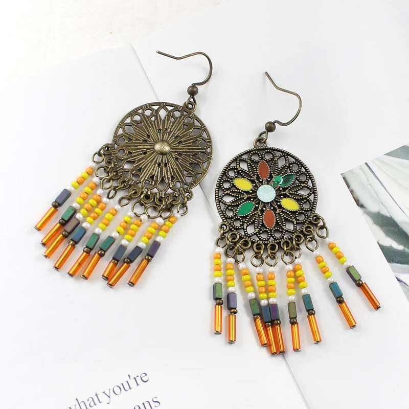 Round hollow carved sun flower inlaid with colored natural stone string of resin beads Tassel Drop Earrings Bohemian | Украшения и