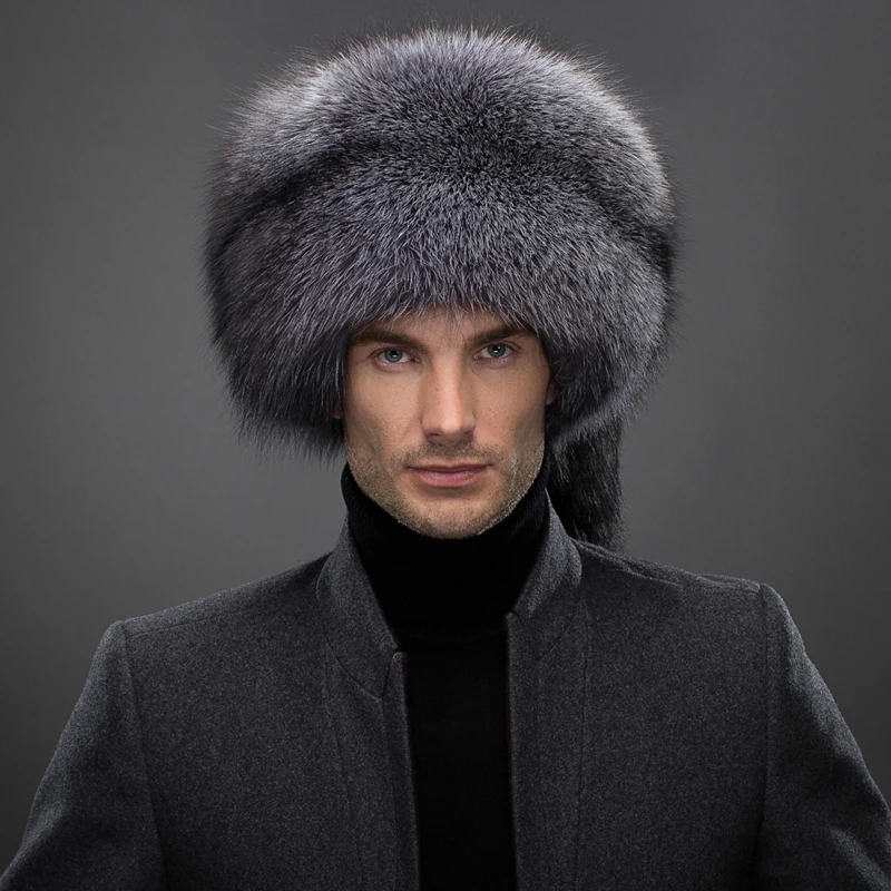 Russian real natural silver fox fur cap man with lady fox tail male winter soft hat