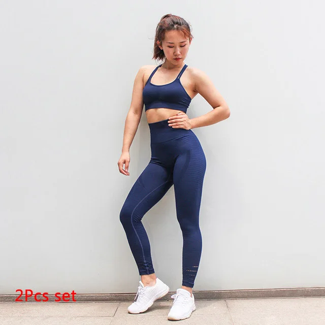 Blue set Женский комплект для йоги, для спортзала, фитнеса, спортивная одежда, спортивный бюстгальтер+ штаны, трико для бега, беговые Леггинсы для йоги и тренировок, спортивный костюм - Цвет: Blue set