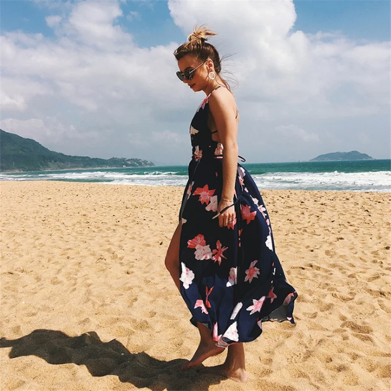 Сексуальное пляжное платье на бретельках с открытой спиной женское летнее 2019