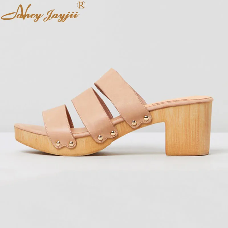 

Summer Women Solid Three Piece Wood Heel Slippers 2021 Woman’s Home Beach Patent Leather High Chunky Heels Female Casual Shoes