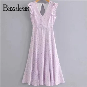 SY12 purple z183 Bazaleas модное летнее платье с открытой спиной и желтым цветочным принтом, женское платье средней длины с v-образным вырезом и разрезом, открытые платья - Цвет: SY12 purple z183