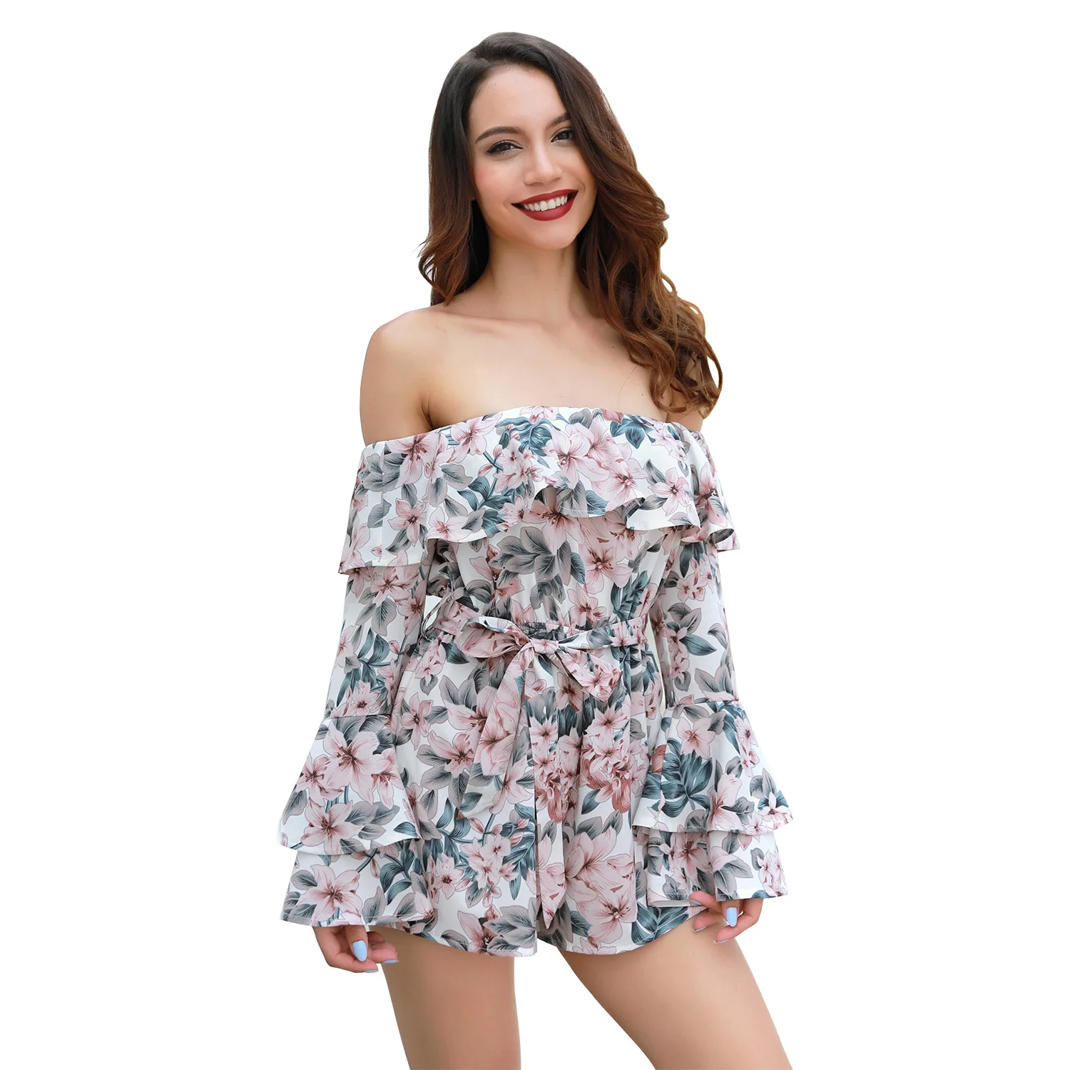 

Overalls Jumpsuit bodysuit women European and American women word collar floral long-sleeved trumpet sleeves belt jumpsuit femme