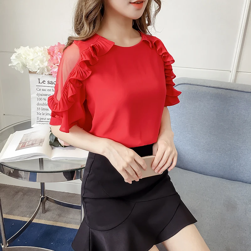 JOYINPARTY Sheer Insert Frill Trim Blouse 2018 New Fashion White Round Neck Short Sleeve Women Top Summer Casual | Женская одежда