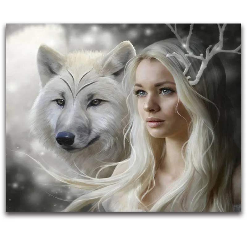 Full Round Diamond Embroidery Girl Animal Wolf 5D Painting Cross Stitch 3D Mosaic Decoration Needlework Gift | Дом и сад