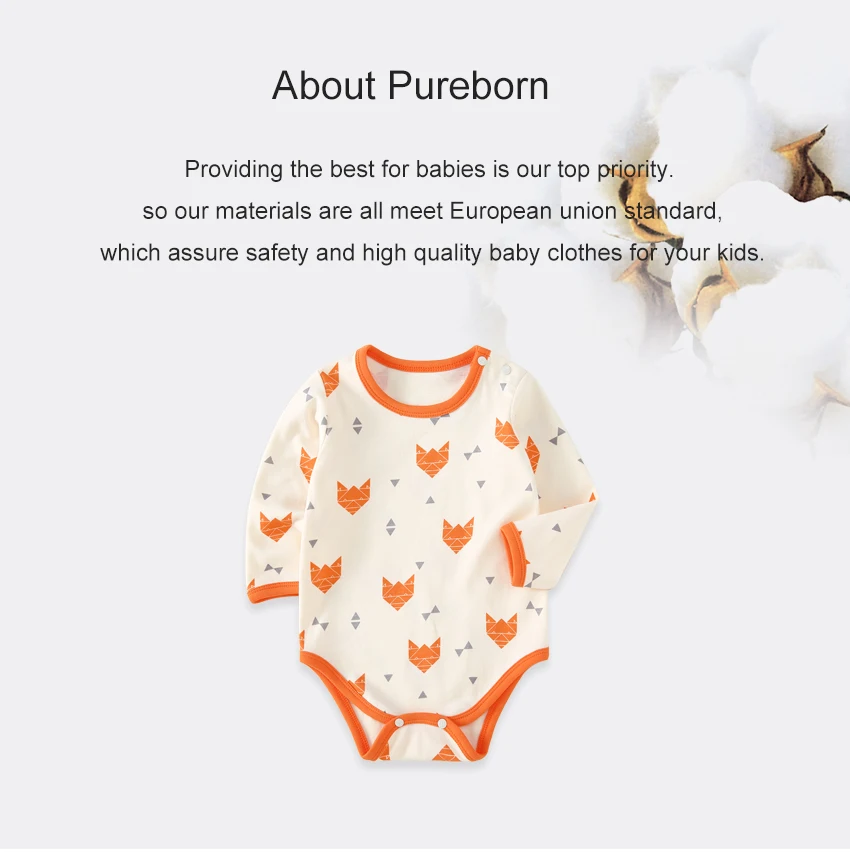 Pureborn/боди для новорожденных мальчиков и девочек; хлопковая одежда с длинными рукавами и рисунком лисы; сезон весна-лето; цельнокроеная одежда для малышей