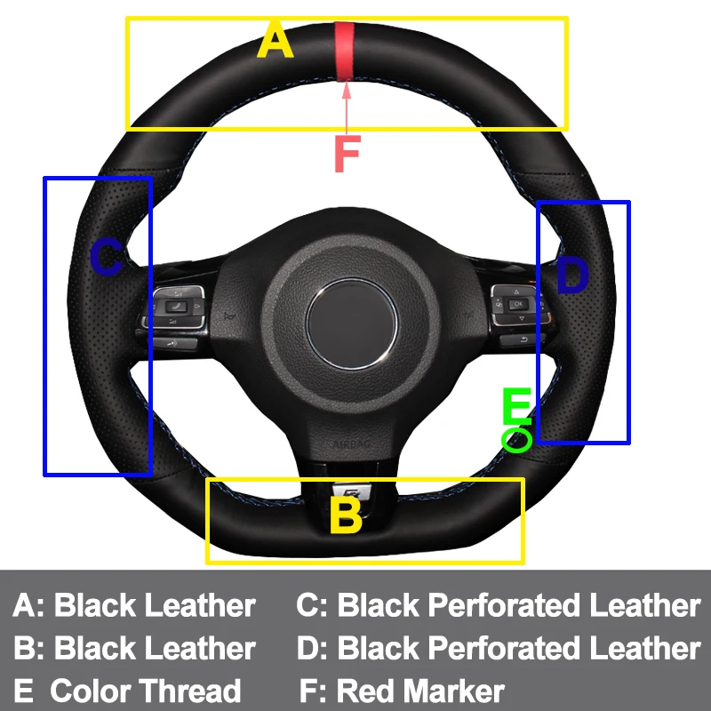 HuiER ручного шитья чехол рулевого колеса автомобиля красный маркер для Volkswagen Golf 6 - Фото №1